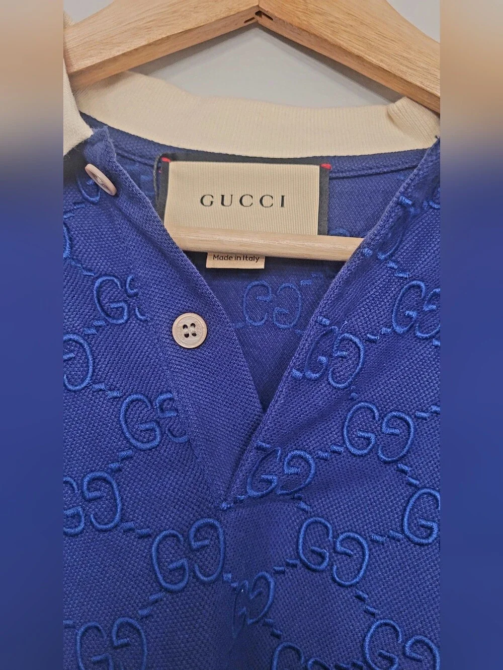 🇮🇹 GUCCI Embroidered 👕Navy Blue GG Jacquard Polo🇮🇹 with Cream Stripe Collar